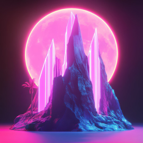 Neon mountains standing under a cybernetic moon glowing in bright neon colors