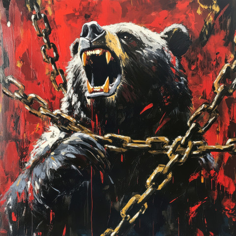 A roaring bear breaking iron chains symbolizing freedom