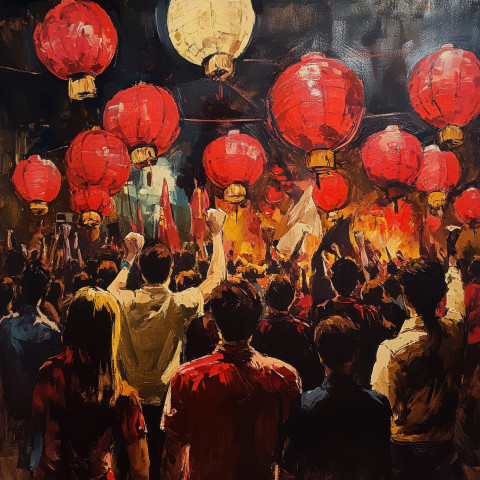 Red lanterns glowing over a united crowd