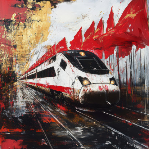 A high-speed train with flags of rebellion