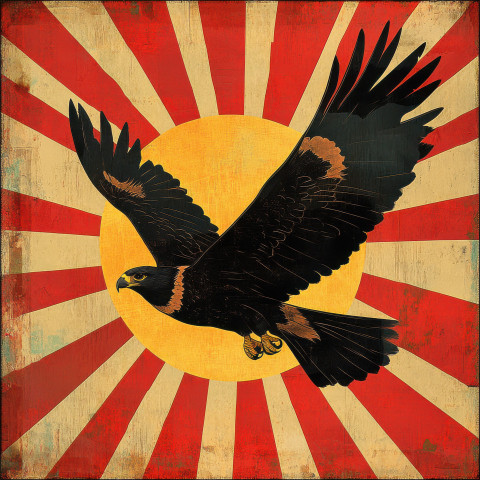 A hawk soaring high above the rising sun wings spread wide representing freedom and vision