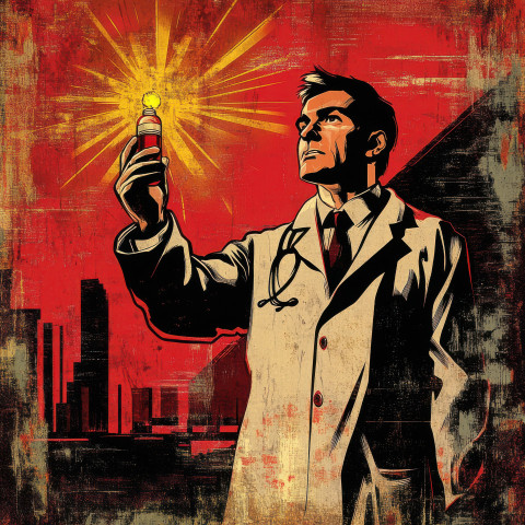 A determined doctor holding a glowing cure representing hope and scientific progress