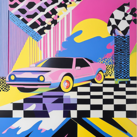 A retro futuristic car speeding on a checkerboard road blending past and future