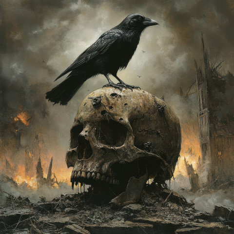 A crow perches on a rusted skull its dark feathers blending into the eerie mist