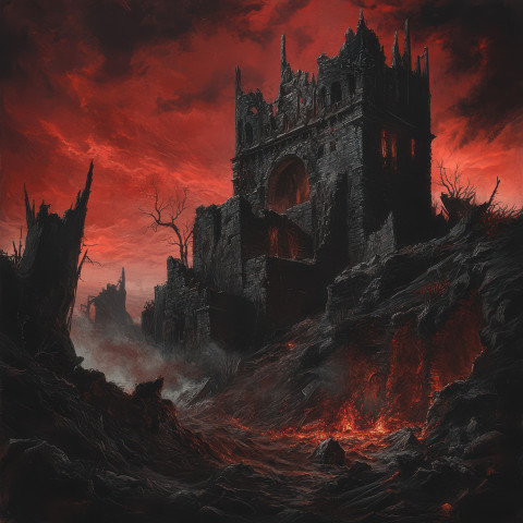 A crumbling fortress looms under a blood red sky its walls shattered by time and war