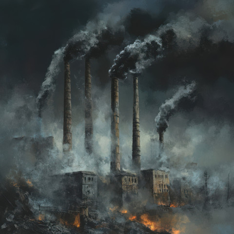 Smoke stacks belch black ash into the sky turning daylight into darkness