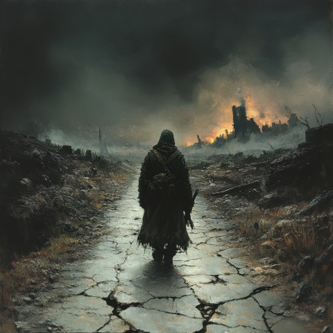 A lone wanderer walks a cracked desolate road dust swirling around worn boots