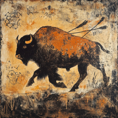 Running bison with arrows striking its side depicted in a cave painting