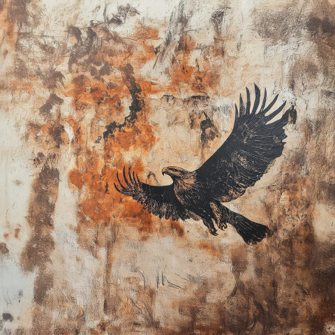 Large eagle soaring over a hunting scene in a cave painting