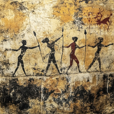 People on a beach with spears in a cave painting