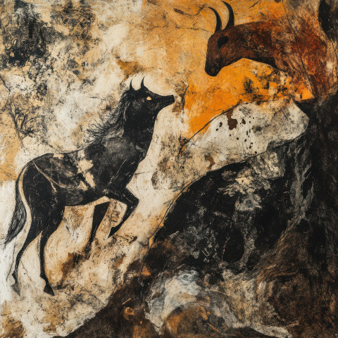 Exchanging animal skins for tools in a cave painting