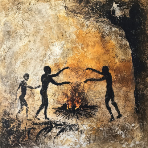 People roasting meat over a fire in a cave painting