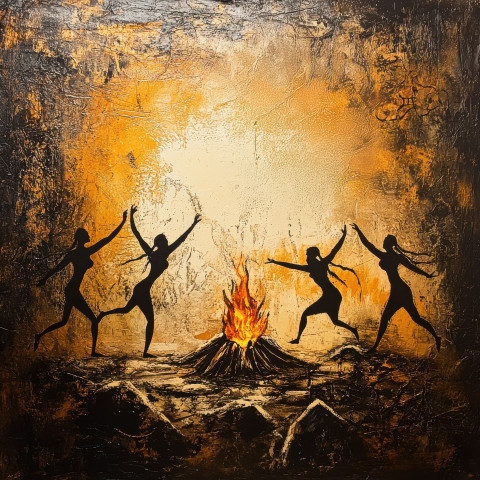 Tribal dance around a bonfire in a cave painting