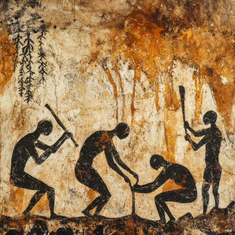 Workers crafting tools from stone in a cave painting