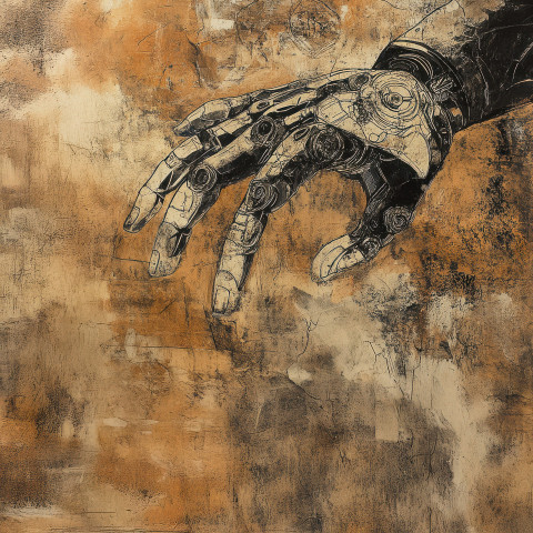 The inner workings of a robotic hand in a cave painting