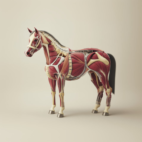 Highly detailed 3D anatomical illustration of a horse showing muscle structure and internal organs