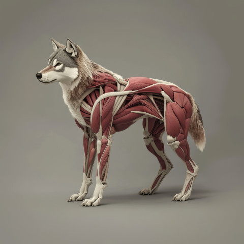 Highly detailed 3D anatomical illustration of a wolf displaying muscle structure