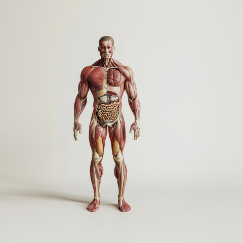 Highly detailed 3D anatomical illustration of a man showcasing muscular