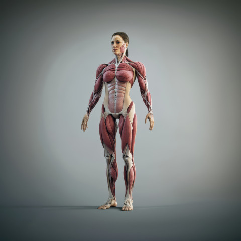 Highly detailed 3D anatomical illustration of a woman showing muscles