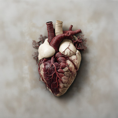 Highly detailed 3D anatomical illustration of a human heart displaying chambers