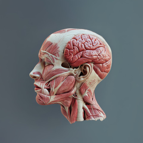 Highly detailed 3D anatomical illustration of a human head showcasing muscles