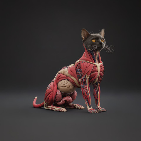 Highly detailed 3D anatomical illustration of a cat showing muscle