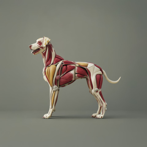 Highly detailed 3D anatomical illustration of a dog displaying bones