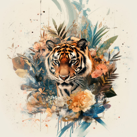 A majestic tiger with striking patterns created in a digital collage style blending textures and colors