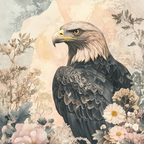 A powerful eagle with outstretched wings soaring high in a digital collage artwork