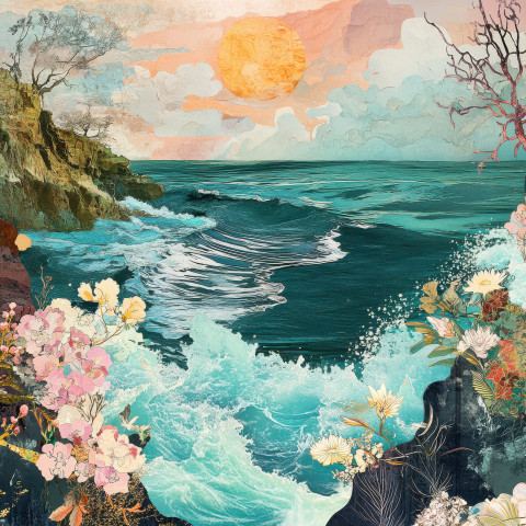 A peaceful shore with turquoise waves crashing onto the sand designed in a digital collage style