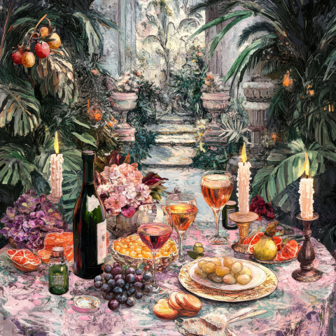 A luxurious feast with gourmet dishes fine wine and candlelight in a digital collage artwork