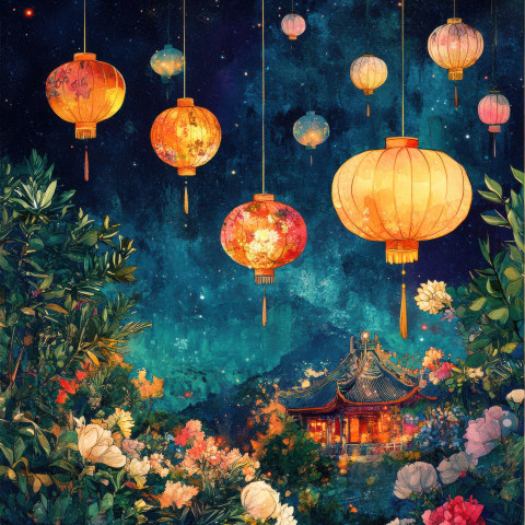 Vibrant lanterns floating in the dark night sky creating a magical festival ambiance