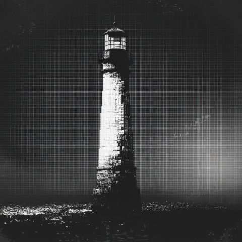 Tall lighthouse standing by the sea guiding ships with its bright light beautifully crafted in ascii art