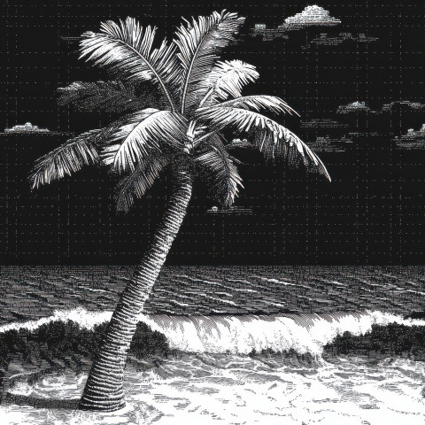 Palm tree swaying beside ocean waves capturing tropical vibes carefully designed in ascii art