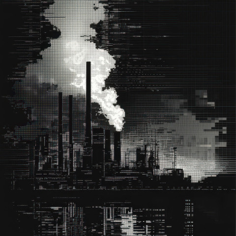 Factory with chimneys emitting smoke representing industry and production skillfully illustrated in ascii art