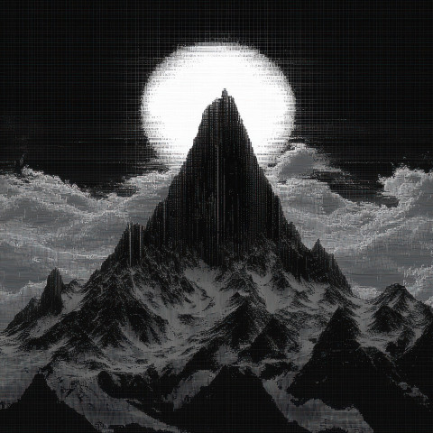 Mountain with the sun rising behind it symbolizing new beginnings and adventure beautifully rendered in ascii art