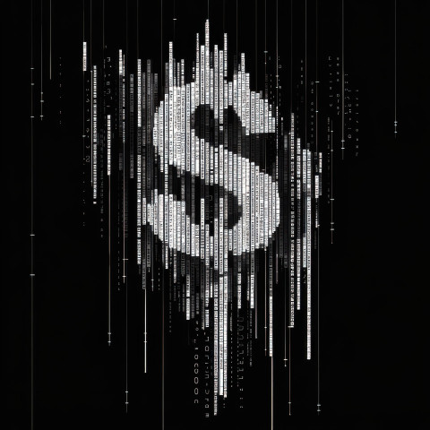 Rising stock chart with a dollar sign symbolizing financial growth and success crafted in ascii art