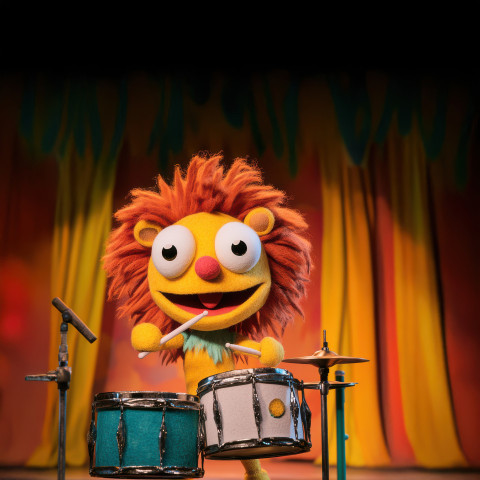 A goofy lion with wild eyes excitedly plays drums striking with enthusiasm