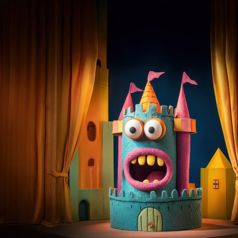 A cartoonish castle with googly eyes smiles joyfully its towers full of personality