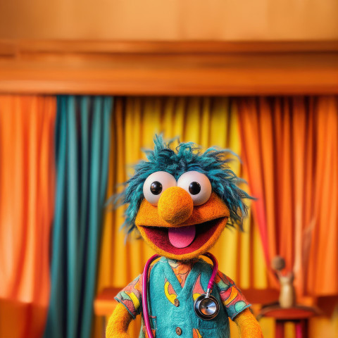 A muppet doctor with a giant stethoscope checks a patient with a silly expression