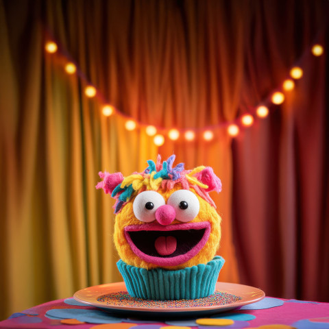 A living cupcake sings happily on a plate its frosting wavy with excitement