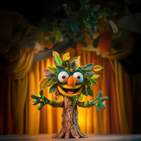 A talking tree with leafy arms waves and shares stories with a cheerful face