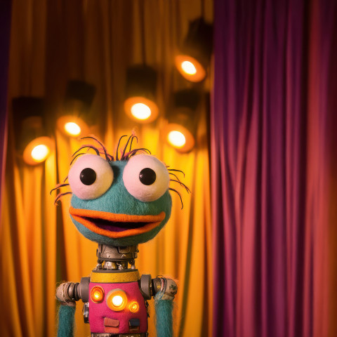 A robot muppet blinks its lights while speaking in beeps and funny sounds