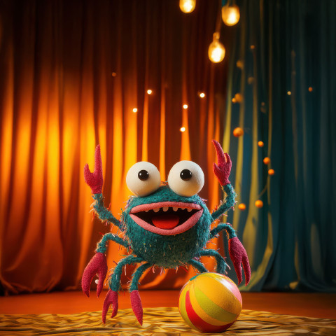 A wacky crab joyfully dances with a beach ball its claws waving in rhythm