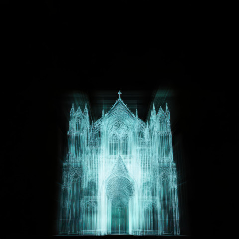 X ray of a gothic cathedral facade with towering arches and ornate details