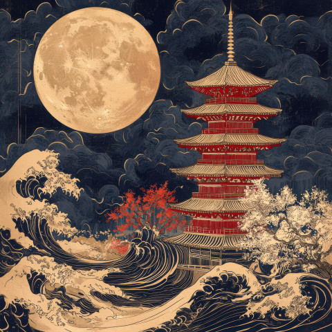 A towering pagoda stands in misty moonlight its silhouette glowing softly