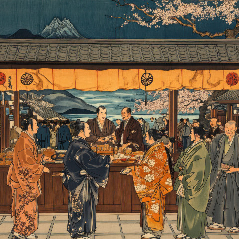 Merchants trading goods in the bustling edo streets exchanging silk spices and pottery