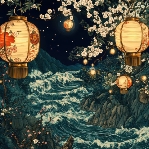 Lanterns glowing warmly at a cherry blossom festival casting light over petals and joyful crowds