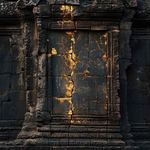 A temple wall with golden crack repairs