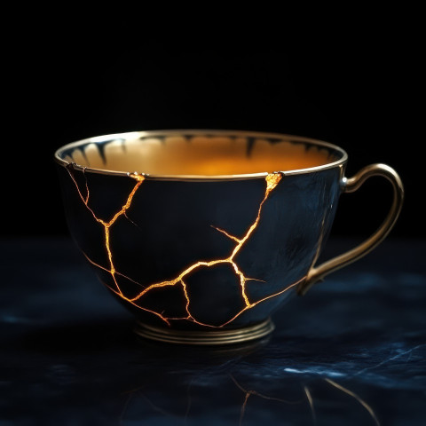 A cracked teacup glowing with gold repair